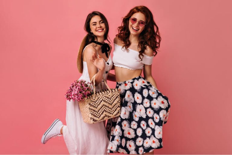 happy-lady-stylish-skirt-boater-posing-pink-wall 1